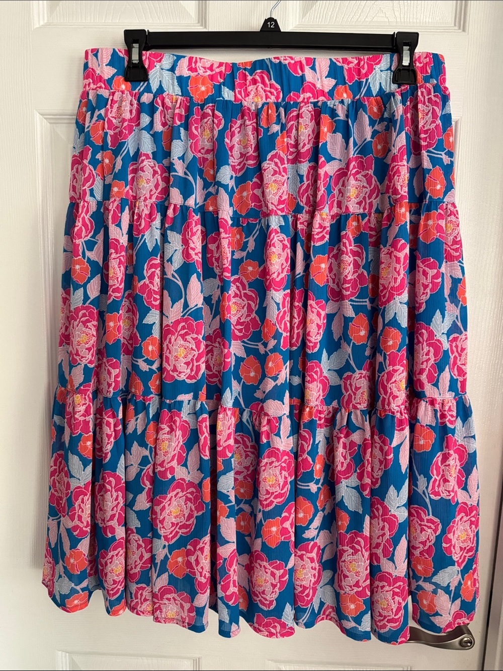 Ruby Rd. Blue Tiered Skirt with Pink & Coral Floral Print